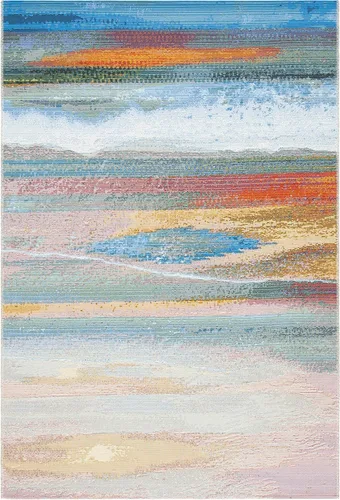 Miniatura 4 de SAFAVIEH Alfombra lavable para exteriores, colección Barbados, 8 x 10 pies 5 pulgadas, azul claro y rosa, no desprende pelusa y fácil de limpiar