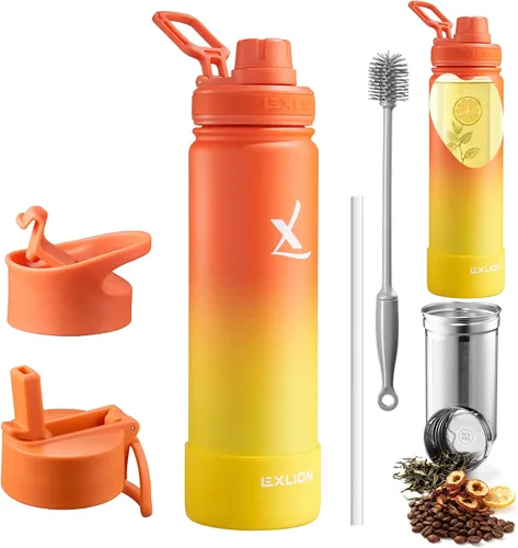 Miniatura 12 de Lexlion Botella de Agua con Infusor de Té 32 Oz – Termo de Acero Inoxidable con Triple Pared Aislada, Colador para Hojas Sueltas y Frutas, 3 Tapas a