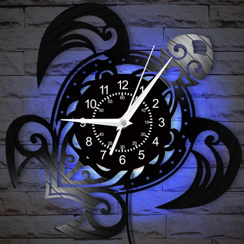 Reloj de pared de tortuga marina que brilla en la oscuridad, 12 pulgadas, 7 tipos de disco de vinilo de color LED, reloj de pared silencioso sin