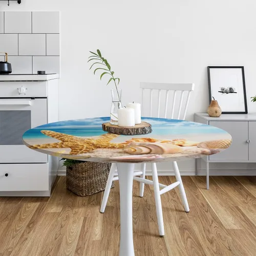 Miniatura 7 de Mantel Redondo con Elástico para Mesa de Playa, Diseño de Estrella de Mar, Cubierta de Mesa Circular, Impermeable, Lavable, de Poliéster, Pequeñas
