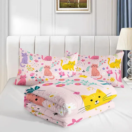 Miniatura 5 de QOOMO Edredón floral de gato tamaño Twin, juego de ropa de cama de gato rosa para niños, adolescentes y niñas, juego de ropa de cama de 3 piezas