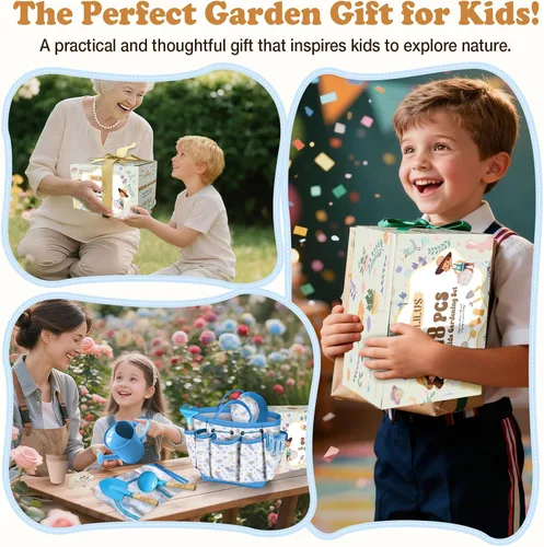 Miniatura 4 de Juego de herramientas de jardinería para niños 18 piezas, juego de jardinería para niños y niñas que incluye bolsa de mano, regadera, delantal