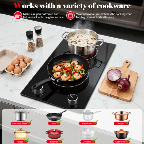 Miniatura 4 de SNDOAS Cocina eléctrica de 2 quemadores, 12 pulgadas integrada de 3000 W y 9 niveles de potencia, estufa eléctrica con control de perilla, cableado