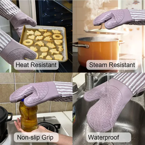 Miniatura 4 de Alselo Guantes de horno de silicona resistentes al calor 932℉ con impermeables y antideslizamiento, juego de 2 guantes de horno extra largos