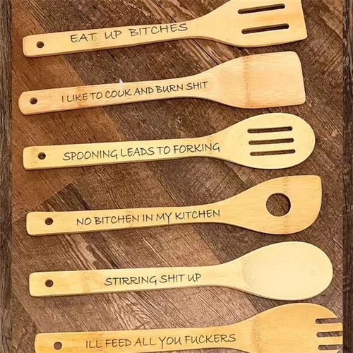 Miniatura 2 de Divertido juego de cucharas de madera, 6 cucharas de madera para reproducir, cuchara de café de madera grabada con frases divertidas, cucharas