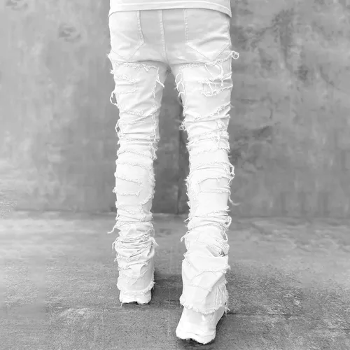 Miniatura 5 de Mxiqqpltky Jeans apilados para hombre, ajustados, rectos, negros, rasgados, ajustados, desgastados, pantalones de mezclilla destruidos, ropa de calle