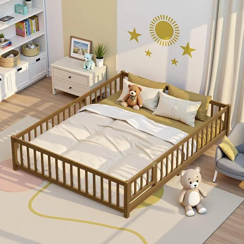 Miniatura 6 de Marco de cama Montessori de madera de tamaño individual con listones de madera, valla y puerta para niños, niñas y niños, espresso