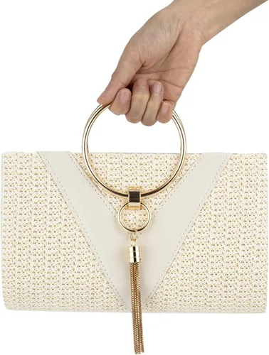 Miniatura 3 de GripIt Bolsos de paja para mujer, bolso de playa bohemio tejido con borla para novia, bolso de mano para mujer, bolso de verano con asa superior