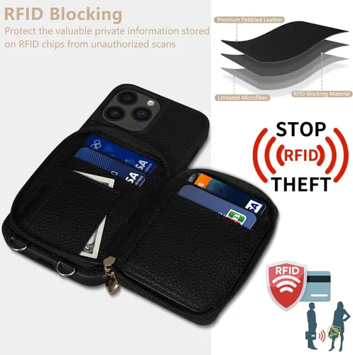 Miniatura 6 de Funda para iPhone 13 Pro Max de 6.7 pulgadas, bolso cruzado con cremallera con bloqueo RFID, soporte de 10 ranuras para tarjetas, cordón desmontable