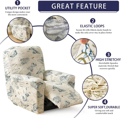 Miniatura 4 de Iauddy Funda para Sillón Reclinable - Funda Elástica Suave Antideslizante para Silla Reclinable de 4 Piezas, Protector de Muebles para Sillón
