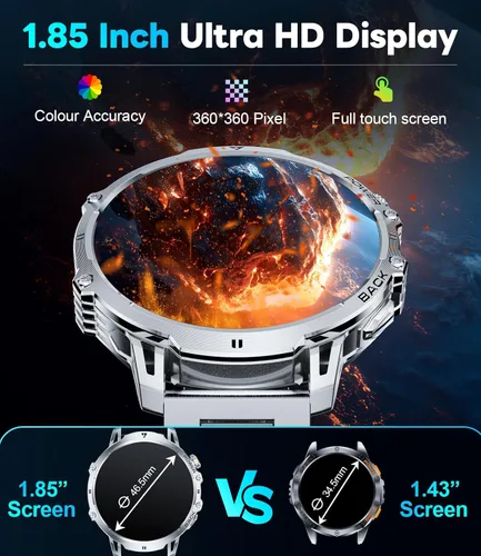 Miniatura 2 de Reloj inteligente militar para hombre, pantalla grande HD de 1.85 pulgadas, llamada Bluetooth, 1000 mAh, linterna, monitor de sueño de frecuencia