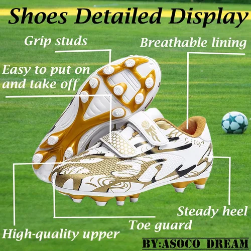 Miniatura 4 de ASOCO DREAM Zapatos de fútbol para niños y niñas zapatos de fútbol para suelo firme para jóvenes profesionales atléticos para exteriores e interiores