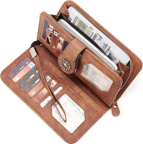 Miniatura 3 de BROMEN Billeteras de cuero para mujer, cartera grande de mano para teléfono, 1- marrón , Casual