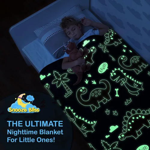 Miniatura 3 de Manta de dinosaurio que brilla en la oscuridad para niños, manta suave de forro polar azul. Gran regalo de dinosaurio para niños, nietos, bebés