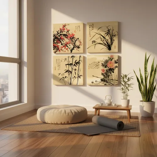 Miniatura 5 de JiazuGo Lienzo decorativo asiático oriental para pared, cuadros chinos para decoración estética de dormitorio, juego de 4 obras de arte estiradas
