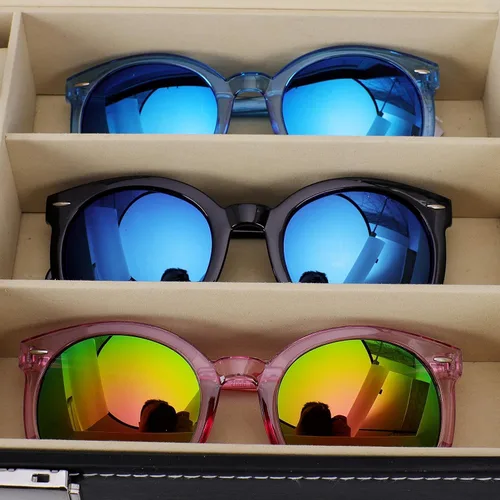 Miniatura 5 de Caja de reloj de cuero y gafas de sol organizador y caja de exhibición de joyas cajón con cerradura organizador negro