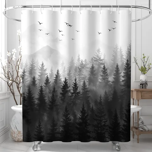 Miniatura 3 de Cortina de ducha de bosque natural, diseño de pino, paisaje de árbol de pino negro, cortina de bañera decoración de baño, tela de poliéster