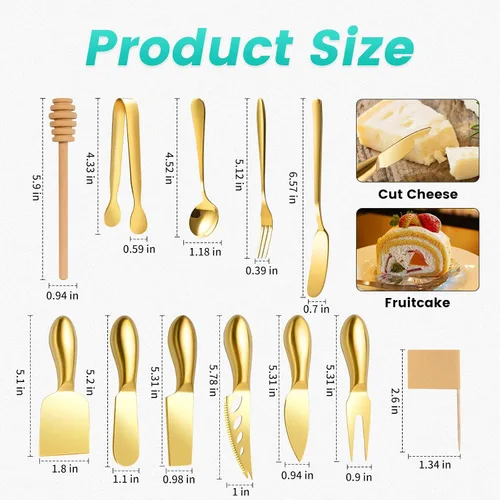 Miniatura 2 de Juego de cuchillos de queso LifeMusican dorados para tabla de embutidos, kit de cuchillos de acero inoxidable para cortar queso y untar mantequilla
