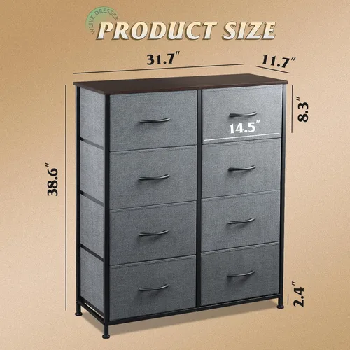 Miniatura 3 de WLIVE - Cómoda de tela para dormitorio, cómoda alta con 8 cajones, torre de almacenamiento con contenedores de tela, cómoda doble, cómoda con A-gris
