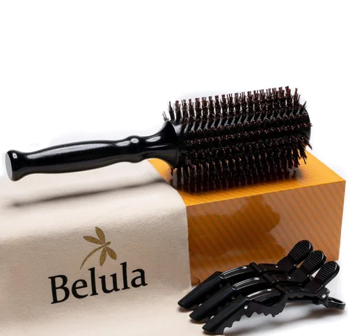 Belula Cepillo redondo con cerdas de jabalí para secado con secador. Cepillo de pelo redondo con barril de madera grande de 2.7". Cepillo ideal para