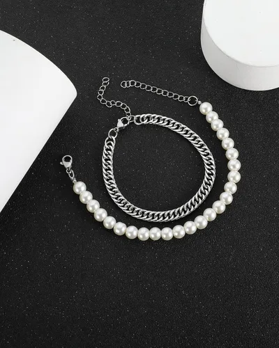 Miniatura 3 de Pulsera de perlas de imitación para hombre con eslabones cubanos Figaro Chain Set de pulseras de muñeca para hombre