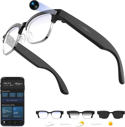 Gafas inteligentes AI con cámara HD 4K, gafas de cámara Bluetooth antivibración de 800W, grabación de video 1080P con micrófono dual y reducción de