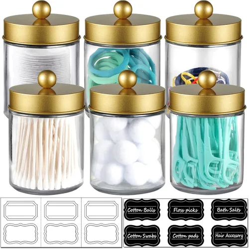 Miniatura 13 de Amolliar 6 tarros de boticario para baño, organizador de tocador de baño, decoración rústica de granja con tapas de acero inoxidable, soporte Negro