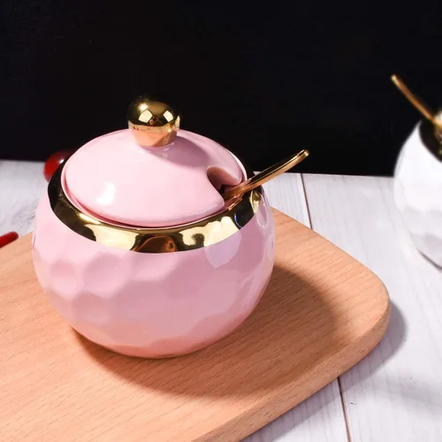 Miniatura 5 de Azucarero de cerámica con cuchara, tarro de azúcar con borde dorado, recipiente de sal de cerámica en forma de golf con tapa para el hogar