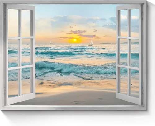 Miniatura 10 de Arte de pared con ventana abierta del océano: puesta de sol, escena de playa costera, pintada sobre lienzo, paisaje marino azul, veleros náuticos