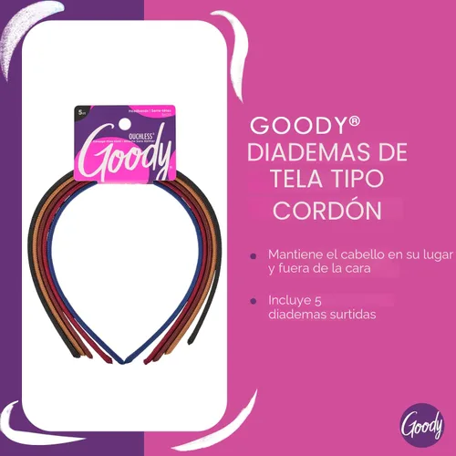 Miniatura 3 de Goody Ouchless - Diademas para la cabeza, 5 unidades, colores surtidos, elegantes y ligeras, delgadas, de tela sin daños para mujeres y hombres
