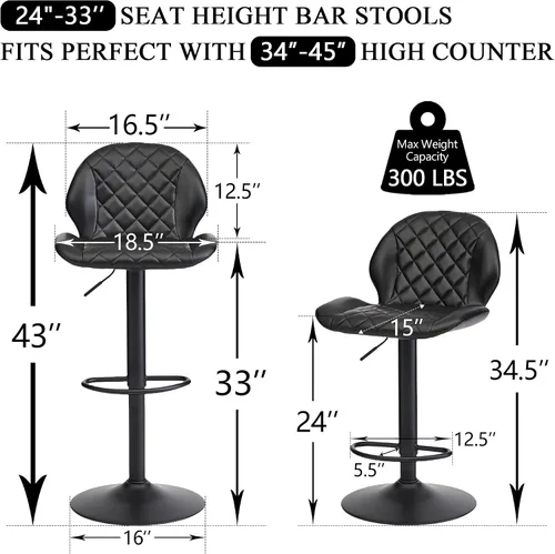 Miniatura 2 de FIRAVOE Juego de 2 taburetes de bar giratorios negros con respaldo, taburete de bar ajustable de 24 a 33 pulgadas, taburete de bar tapizado de piel