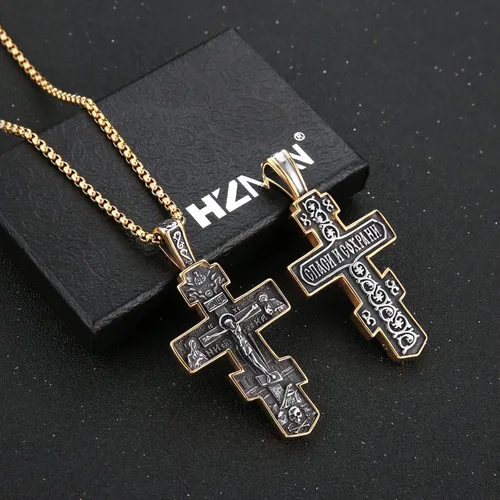 Miniatura 3 de HZMAN Collar de cruz ortodoxa oriental para hombres y mujeres, retro, religioso, Jesús, crucifijo bizantino, cruz bizantina, colgante cristiano