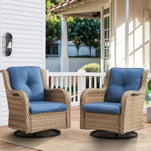 Miniatura 69 de HUMMUH Sillas Mecedoras Giratorias de Mimbre para Patio Exterior con Respaldo Alto, Sillas Deslizantes de Ratán PE, Juego de Muebles de Patio de 4