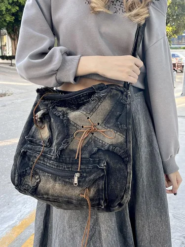 Miniatura 3 de Bolso de hombro vintage para mujer, bolsos cruzados femeninos grandes, bolso de mano de mezclilla desgastado