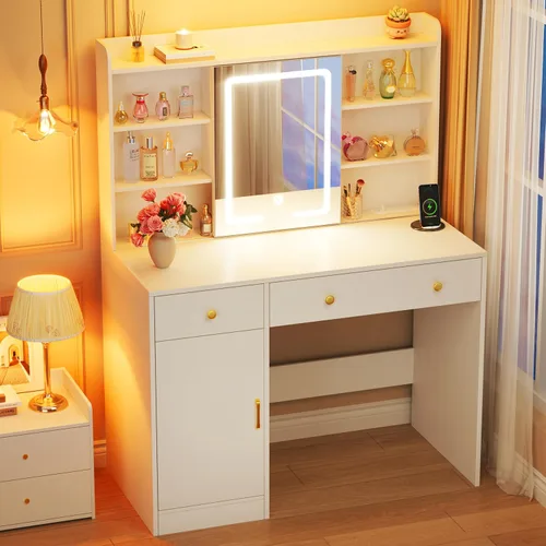 Miniatura 6 de HUAHUU Escritorio de tocador con espejo y luces, escritorio de maquillaje de 37 pulgadas con espejo iluminado LED, toma de corriente, tocador blanco