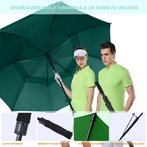 Miniatura 5 de Paraguas de golf extragrande de 62, 68 y 72 pulgadas, con doble dosel ventilado, resistente al viento, impermeable, de apertura automática