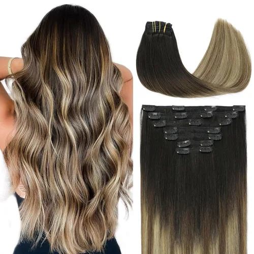 Miniatura 25 de VINBAO Extensiones de cabello humano con clip, balayage, color marrón ceniza a rubio caramelo, 14 pulgadas, 6 unidades, 3.53 onzas, 6