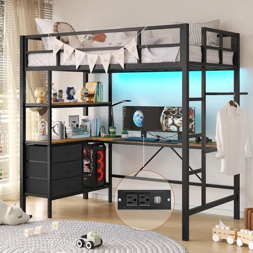 DICTAC Cama alta individual con escritorio en forma de L, luces LED, estación de carga LED de metal para niños, cama tipo loft tamaño individual con