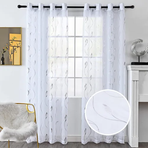 Miniatura 24 de Youleyar - 2 paneles de cortinas de gasa con estampado de lámina dorada, con ojales en la parte superior, para ventana, de 63 pulgadas de largo
