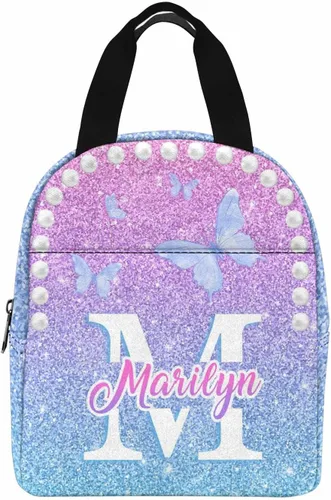 Miniatura 31 de InterestPrint Bolsa de almuerzo con nombre personalizado para hombres y mujeres, diseño de mariposa rosa y azul personalizada, caja de almuerzo