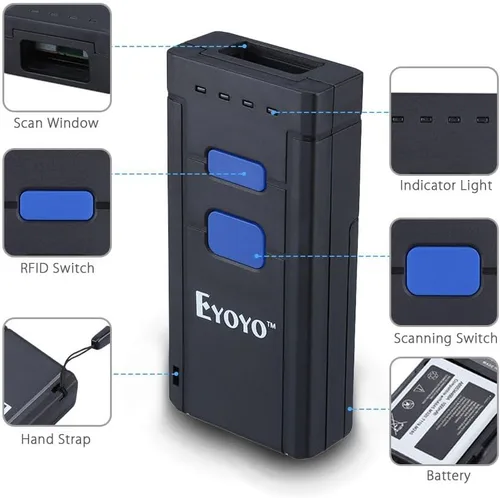 Miniatura 9 de Eyoyo Mini escáner de código de barras inalámbrico 1D Bluetooth, Bluetooth 3 en 1 y conexión inalámbrica y cableada 2.4G, lector de código de barras