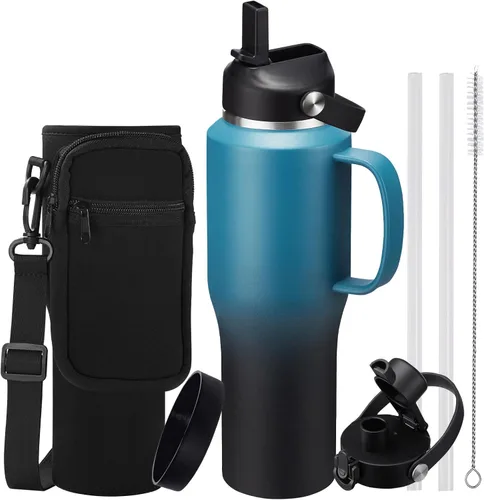Miniatura 13 de Botella de agua de acero inoxidable de 32 onzas, frío-48 horas y caliente-24 horas, termo con popote y tapas de boquilla, bolsa, botella aislada al