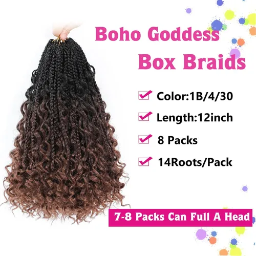 Miniatura 2 de Wodun Extensiones de Cabello de Ganchillo Goddess Box Braids de 12 pulgadas, Trenzas Box de Ganchillo con Extremos Rizados 3X Trenzas Box de 1B/4/30