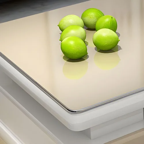 Miniatura 5 de RUNNUP Mesa de centro rectangular moderna de vidrio con base de madera blanca y almacenamiento de 2 niveles, mesa central de sofá para sala de Beige