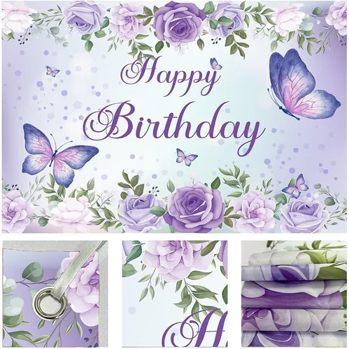 Miniatura 8 de Pancarta de cumpleaños de mariposa morada para mujeres y niñas (59 x 36 pulgadas), pancarta morada para decoración de feliz cumpleaños para mujeres