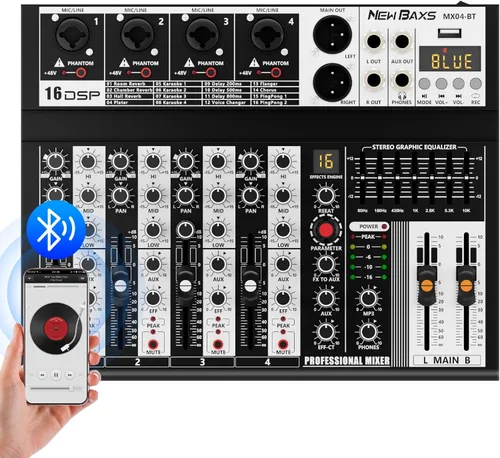Mezclador de Audio Profesional, Interfaz de Audio de 4 Canales Mesa de Sonido Sistema Monitor de Consola de Mezcla, NEW BAXS Mezclador DJ Bluetooth