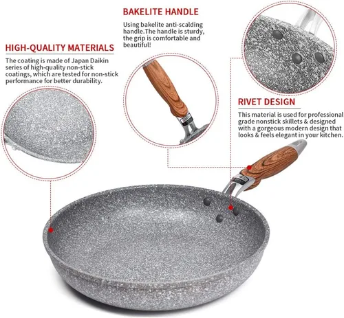 Miniatura 8 de Sartén antiadherente de piedra de mármol con mango de baquelita resistente al calor, sartén de huevo de inducción de granito apto para lavavajillas