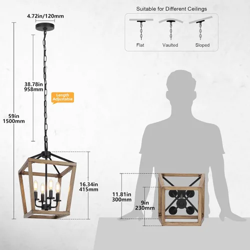 Miniatura 2 de Lámpara de araña de granja de 4 luces, lámpara de techo rústica tipo linterna con jaula de metal pintado de madera y cadena ajustable, luminaria