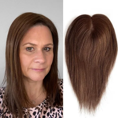 Miniatura 25 de Cubrecabello humano real de seda de 5 x 5.5 pulgadas, tamaño de la gorra, cobertura de corona de cabello lacio Remy, pieza de cabello atado a mano 2#