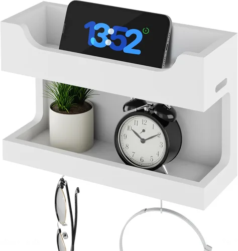 Miniatura 11 de NiHome Organizador Grande de Mesita de Noche de Madera para Montar en la Pared, Estantes de Almacenamiento Dobles y Ganchos Magnéticos, Estante